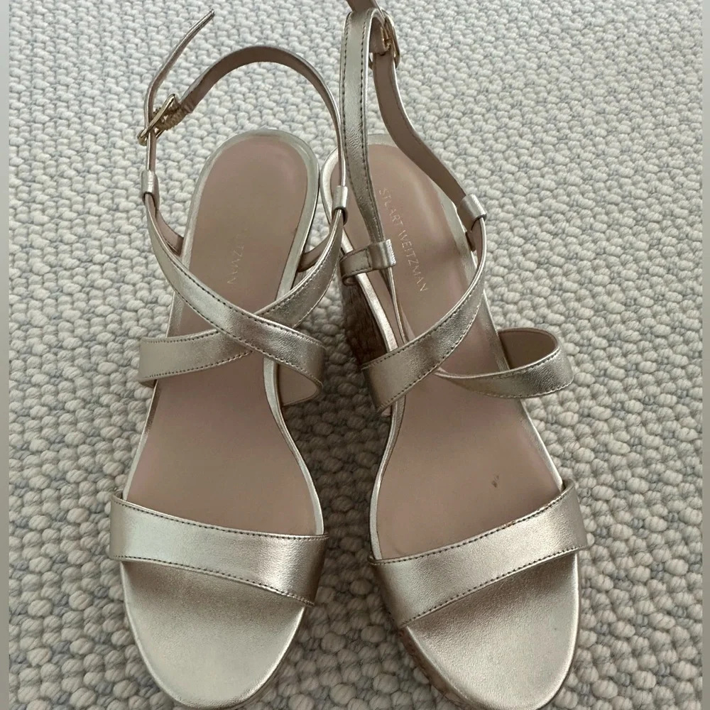 Stuart Weitzman Gold Metallic Cork Wedge Sandals